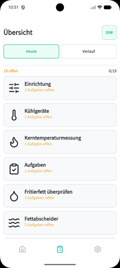 0815 App mit der Übersicht aller heute offenen HACCP-Aufgaben