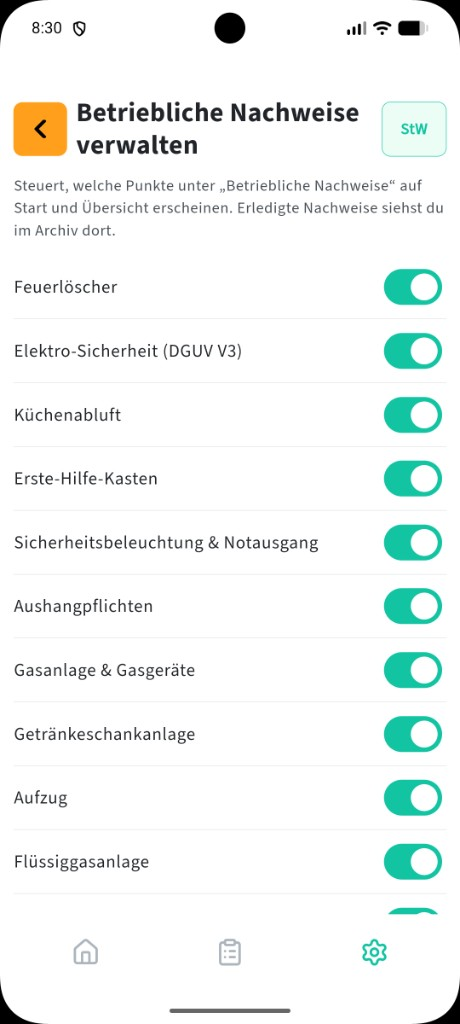 Betriebliche Nachweise: Benötigte Nachweise auswählen