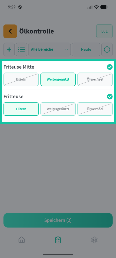 Fritteuse: Aktion wählen