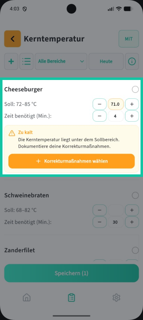 Kerntemperatur: Temperatur eintragen