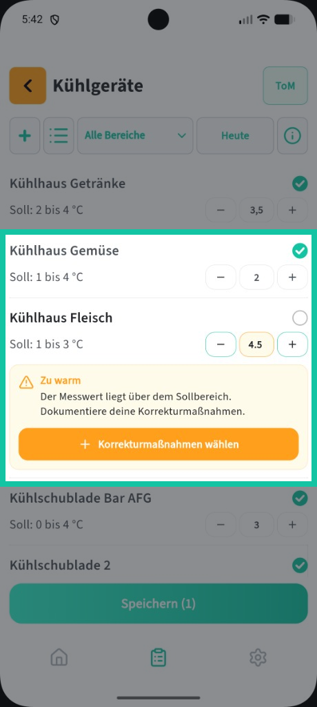 Kühlgeräte: Temperatur eintragen