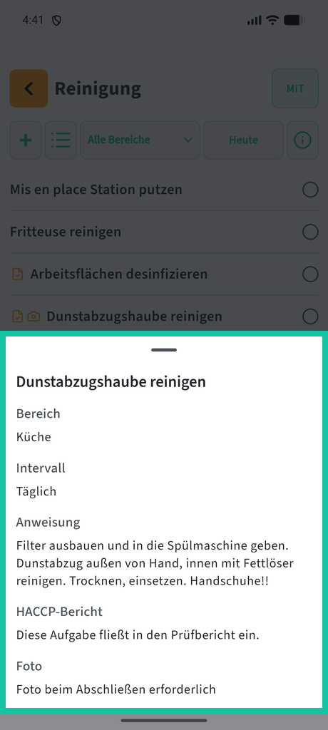 Reinigung: Aufgabe öffnen